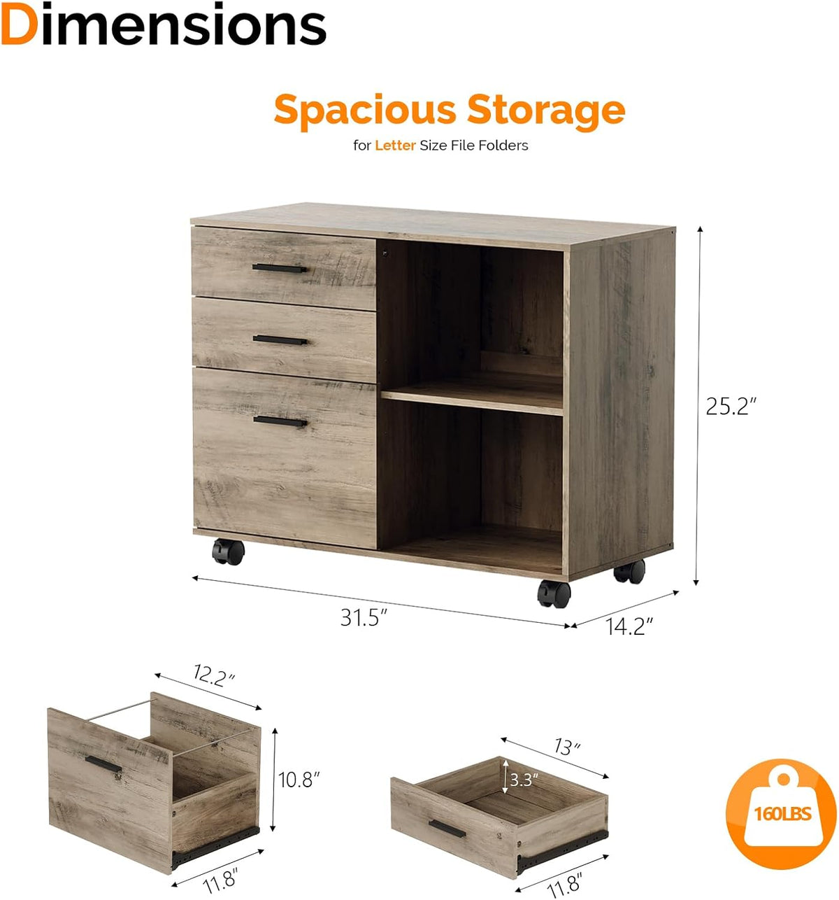 VINGLI 3 Drawer Wood Lateral File Cabinet with Adjustable Shelves & Locki...