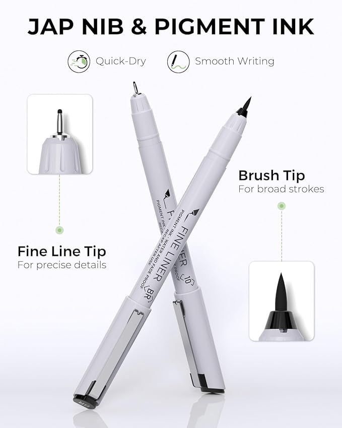 JusArt Fineliner Pens, 8 Size, Ultra Fine, Fine & Brush, Waterproof Black - Image 3