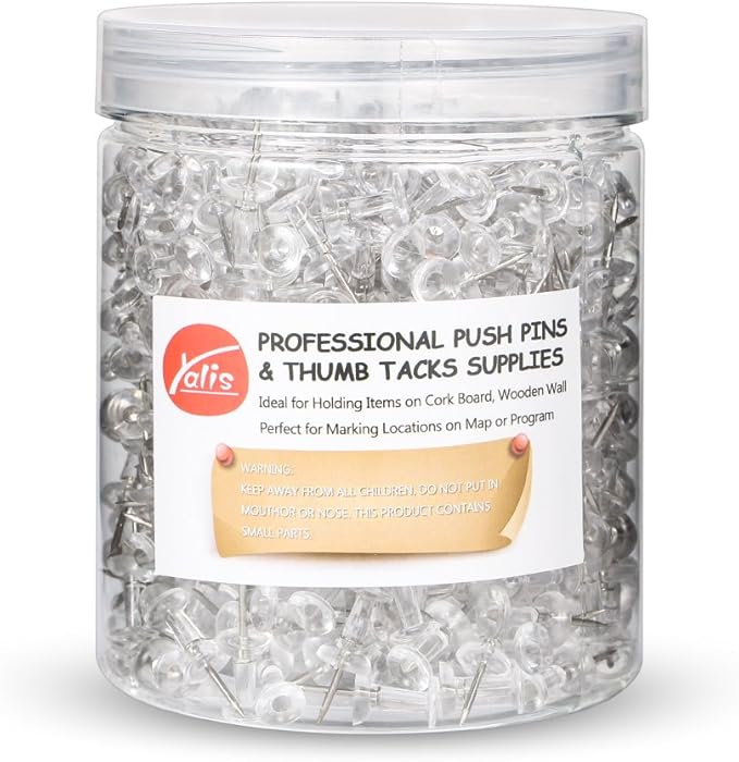 Yalis Push Pins 600 Count, Standard Clear Thumb Tacks Steel Point and Clear by Yalis