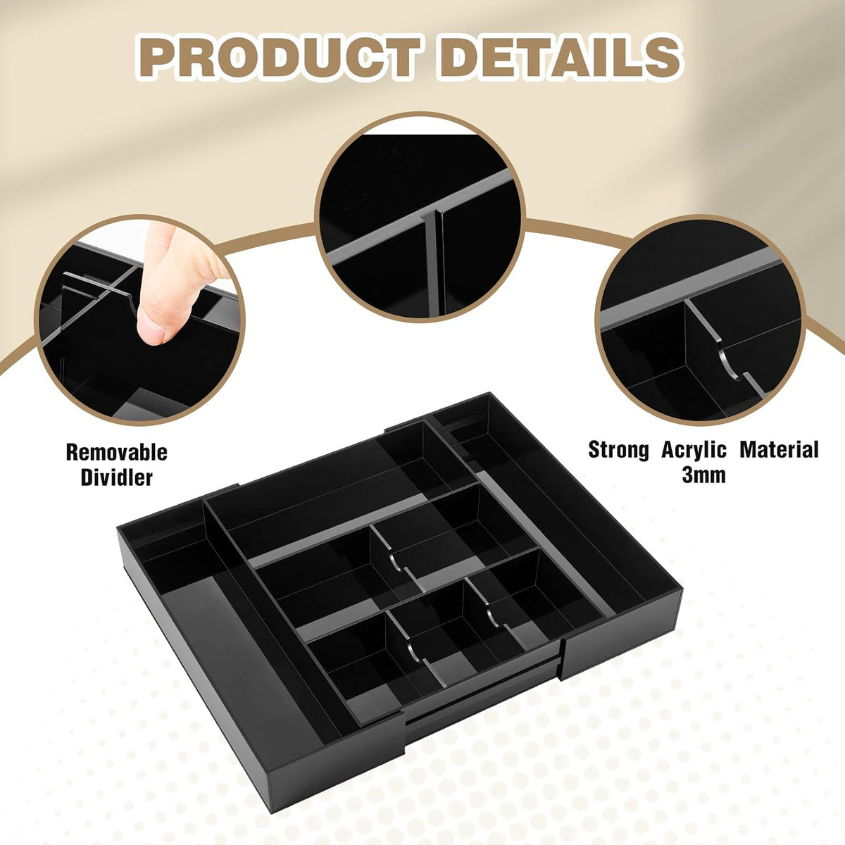 Briwooody Black Acrylic Drawer Organizer Expandable,8 Compartments,Large