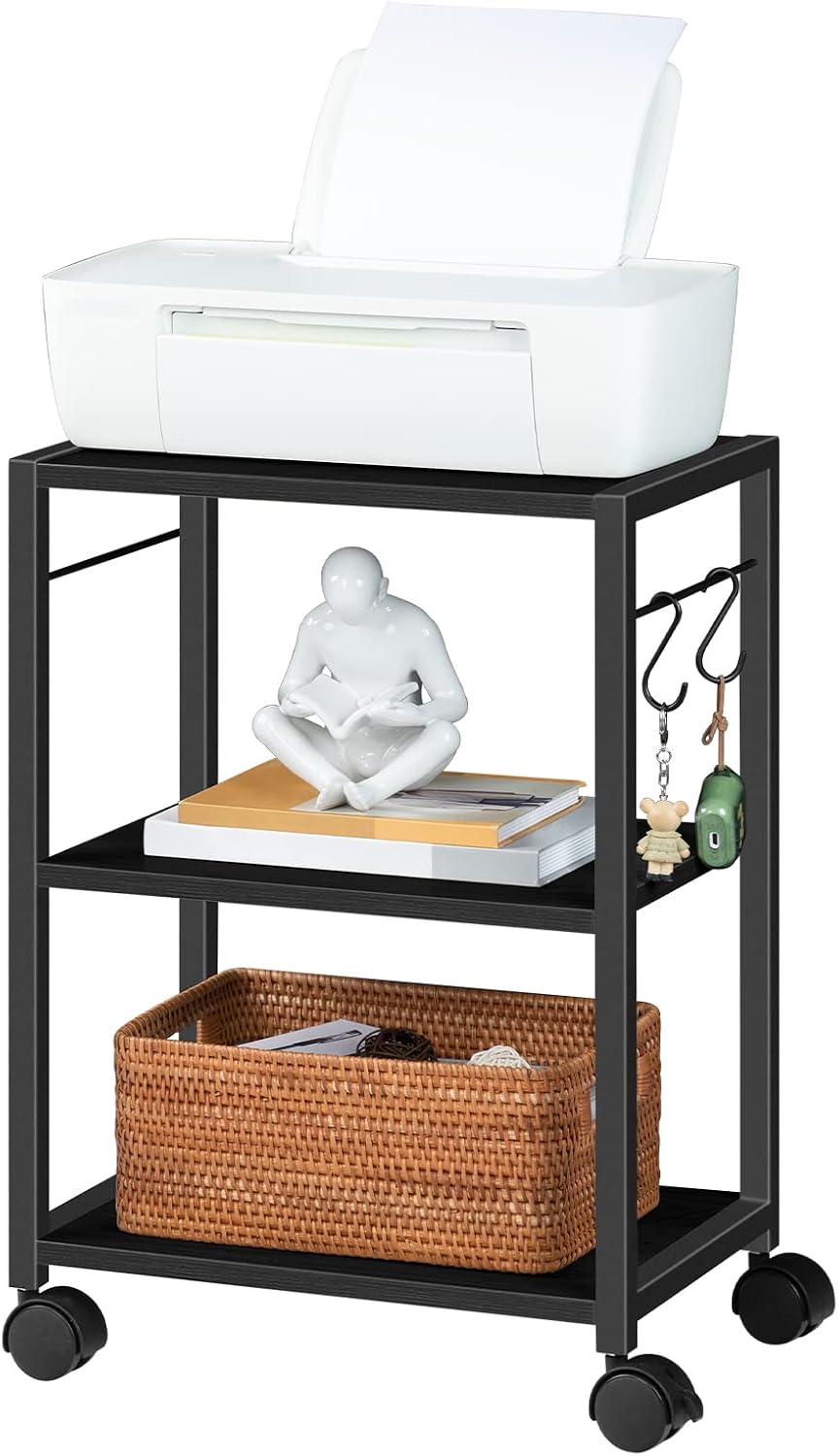 MAHANCRIS Printer Stand, 3-Tier Under Desk Rolling Cart with Storage Shelf, H...