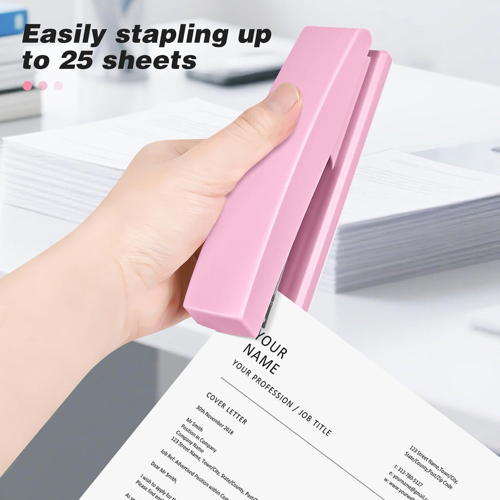 Stapler with 5000 Staples - 25 Sheet Capacity, Staplers for Desk, Pink | Non-Slip Office Stapler for classroom, home, School