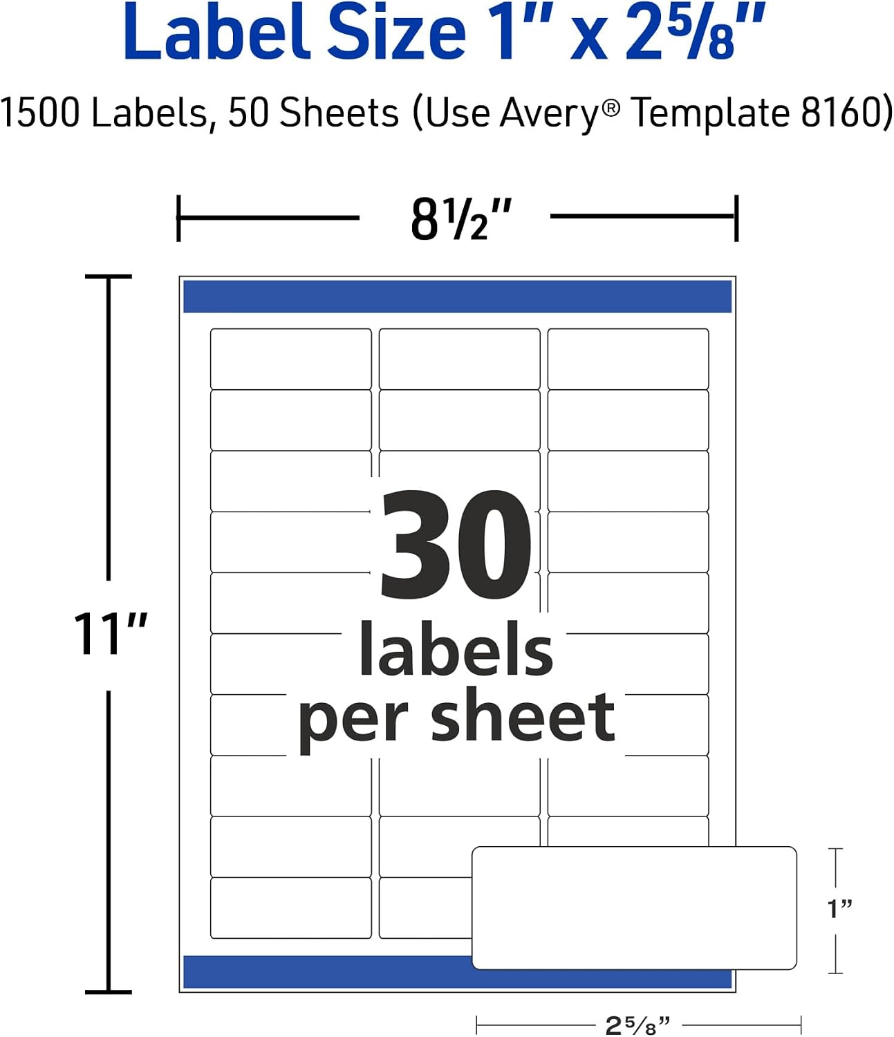 Avery® Easy Peel® Printable Address Labels, Sure Feed® Technology, 1" x 2-5/8" Customizable Stickers, White, 1,500 Blank Mailing Labels, Great for Mailing, Shipping, and More (2-Pack of 08160)