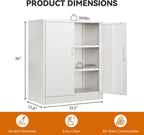 BESFUR Metal Storage Cabinet, Garage Storage Cabinet with 2 Adjustable Shelves, Locking Short Storage Cabinet for Office Garage Home, White Metal Cabinets (36" H x 31.5" W x 16" D)