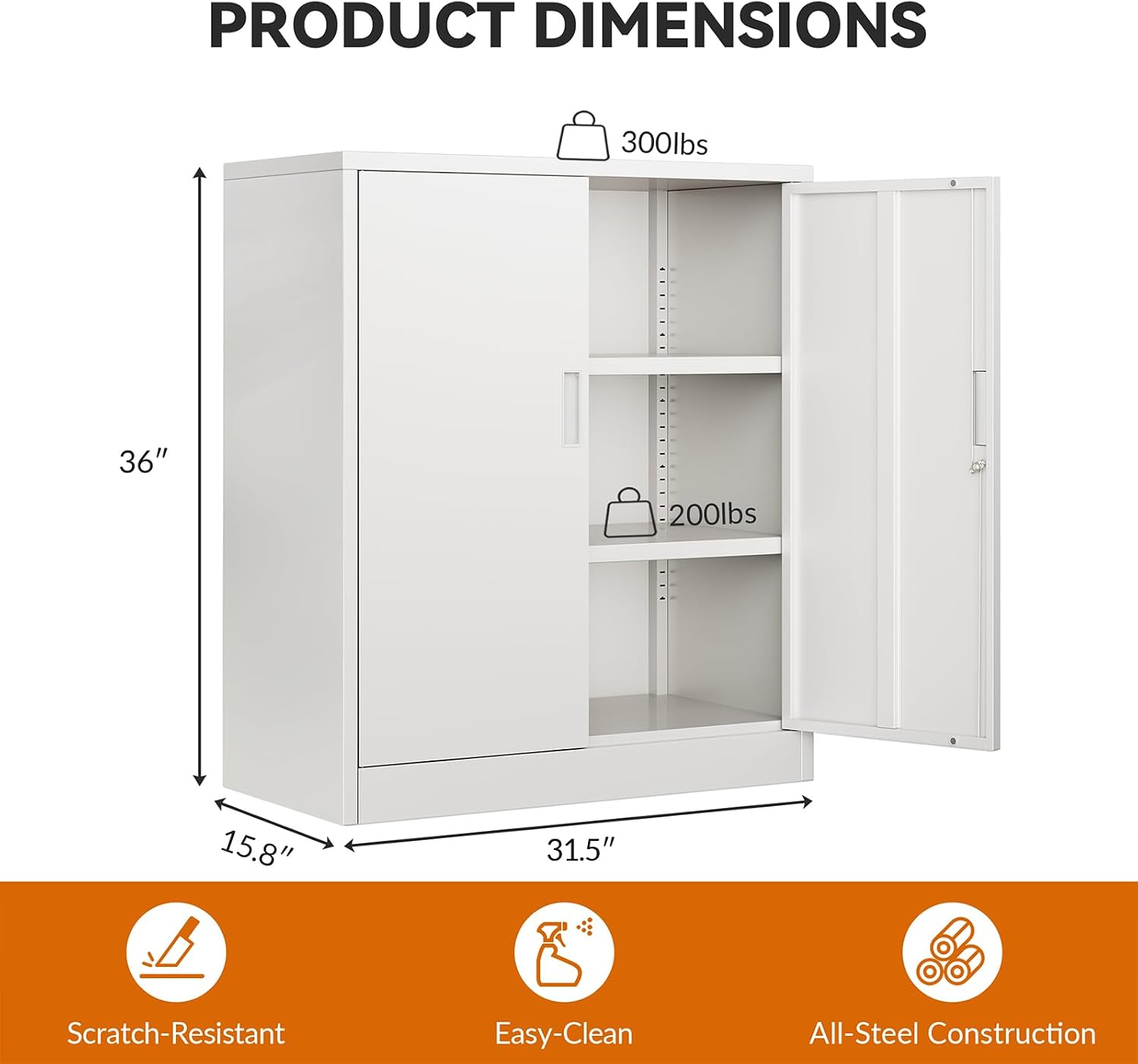 BESFUR Metal Storage Cabinet, Garage Storage Cabinet with 2 Adjustable Shelves, Locking Short Storage Cabinet for Office Garage Home, White Metal Cabinets (36" H x 31.5" W x 16" D)