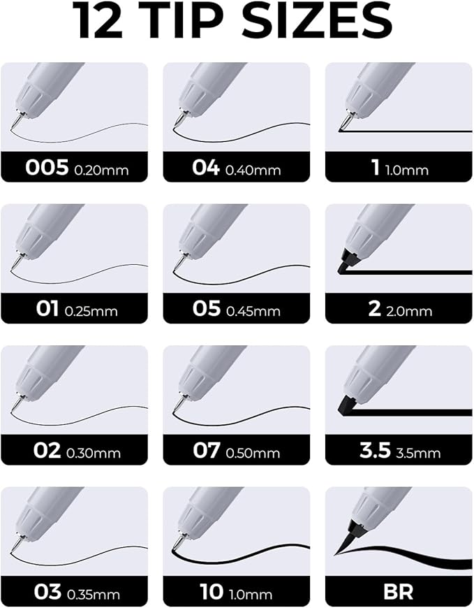 JusArt Fineliner Pens, Ultra Fine, Brush & Chisel, 12 Size, Waterproof Black - Image 2