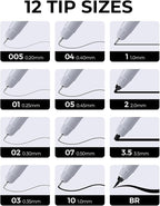 JusArt Fineliner Pens, Ultra Fine, Brush & Chisel, 12 Size, Waterproof Black - Image 2