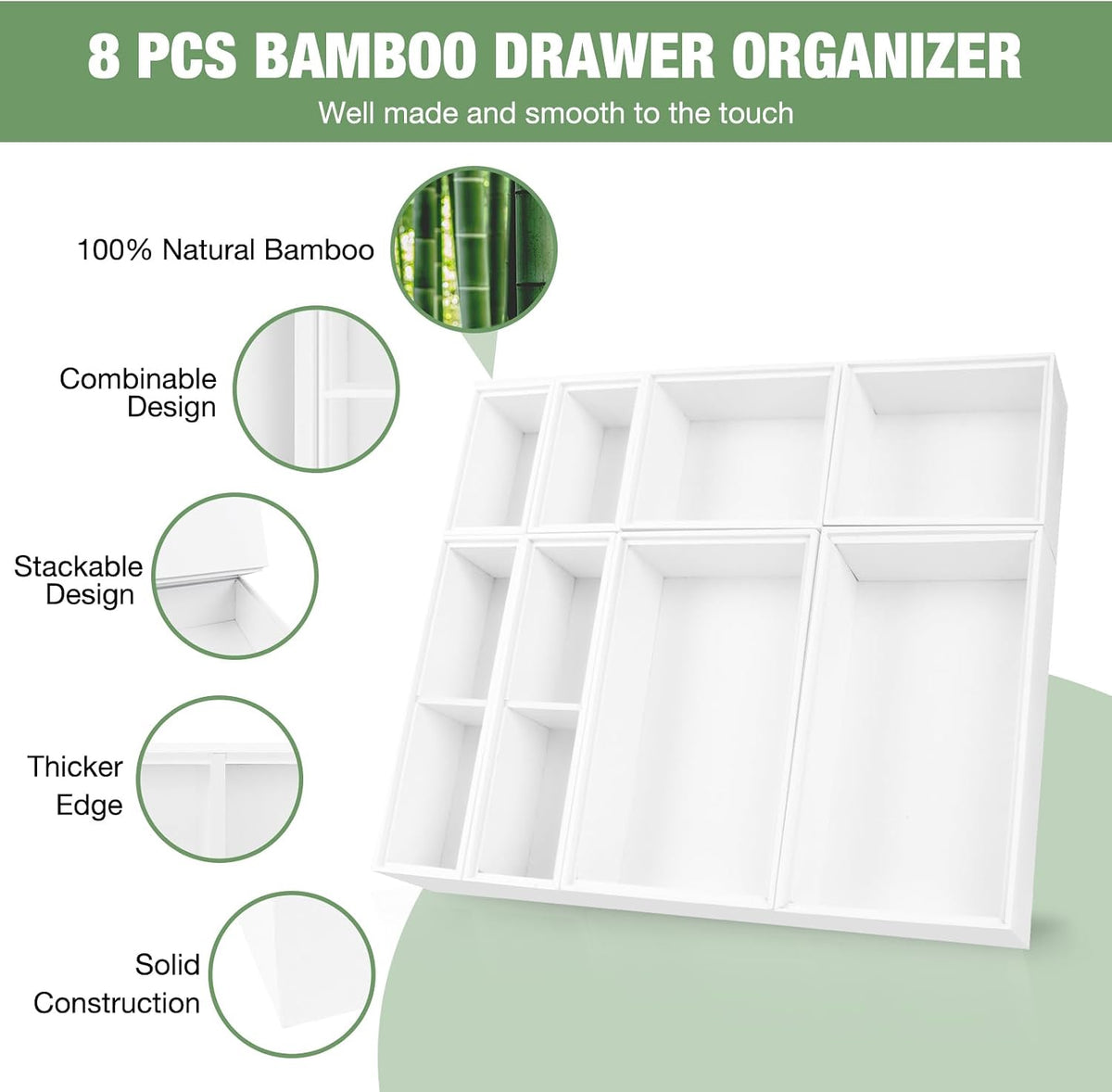 Bamboo Drawer Organizer Set, 8 PCS White Multi-Use Wood Drawer Storage Kitche...