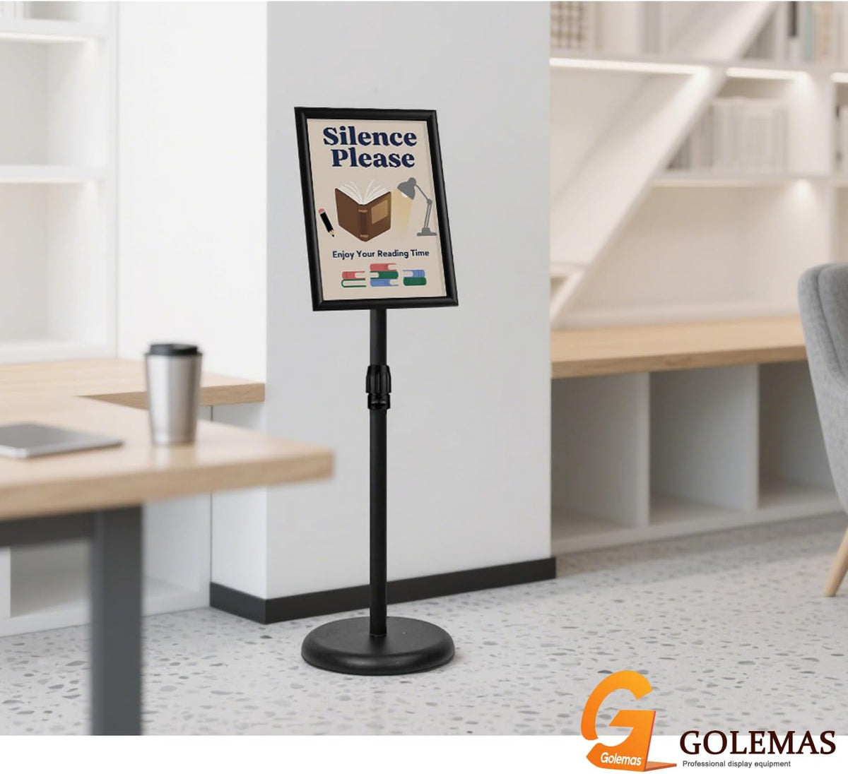 adjustable sign stand for display, pedestal floor signage, front angle view