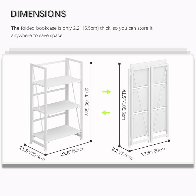 4NM No Assembly Folding Bookshelf Storage Shelves 3 Tiers Vintage Bookcase - Image 2