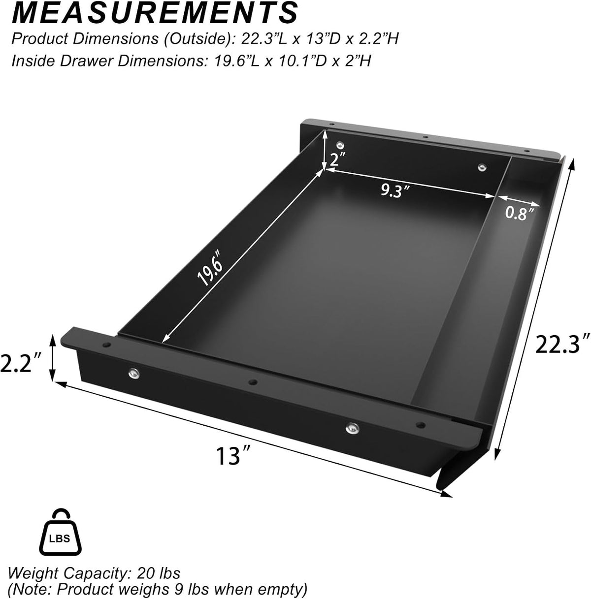 Large Under Desk Mounted Sliding Drawer with Pencil Tray and 60 Degree Tilt P...