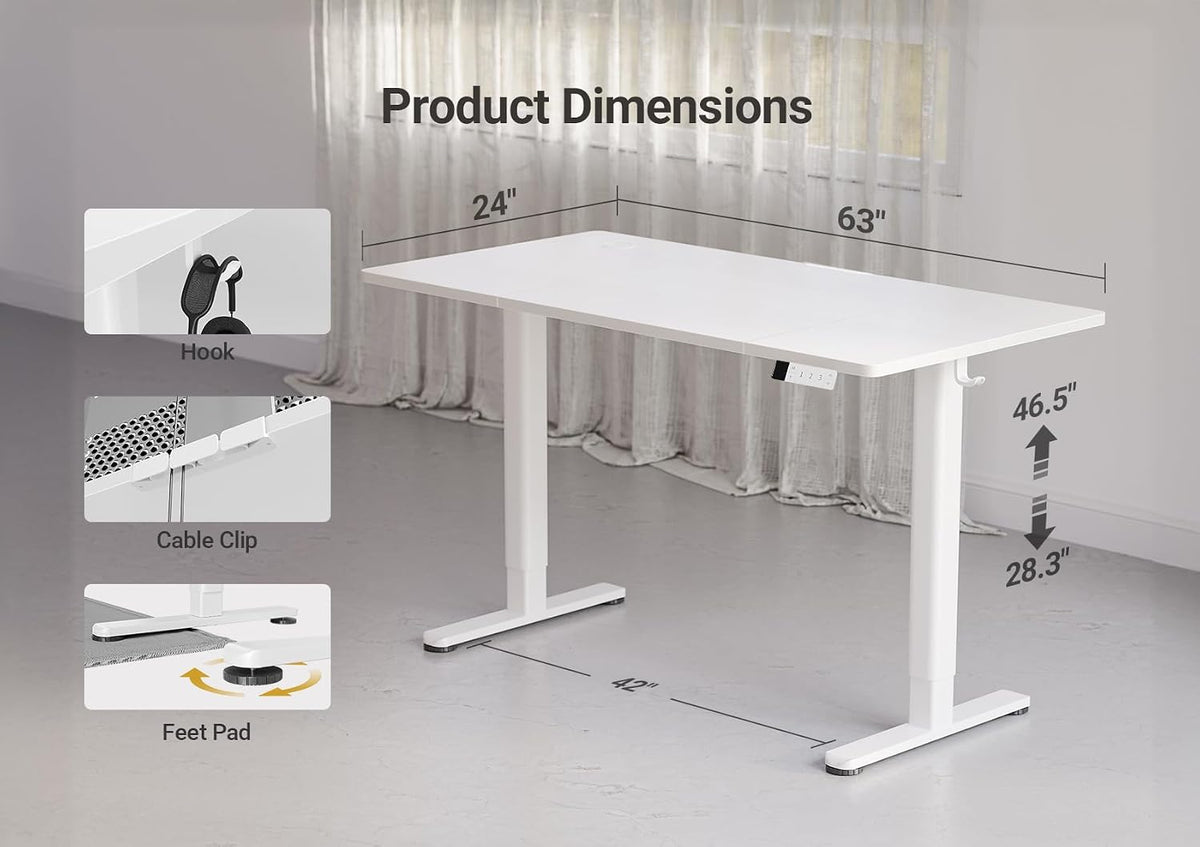 YDN 63 x 24 Inch White Electric Standing Desk