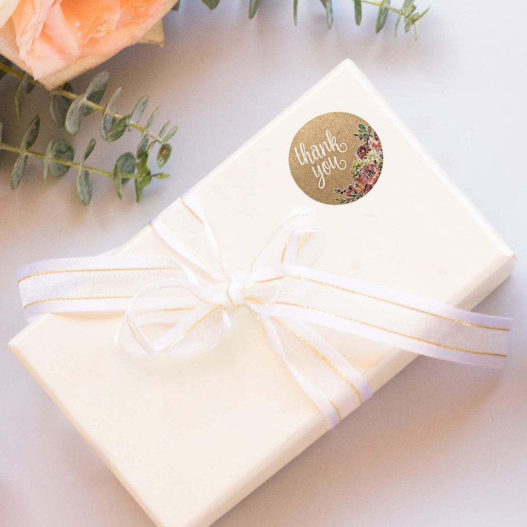 Brown Kraft Floral Thank You Stickers / 1000 Thanks Flowers Labels Roll / 1.5" Round Envelope Seals/Made in The USA