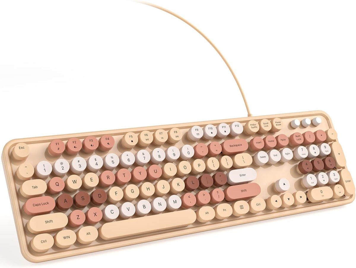 KNOWSQT Wired Computer Keyboard - Milk Tea Colorful Retro Full Size Round Key...
