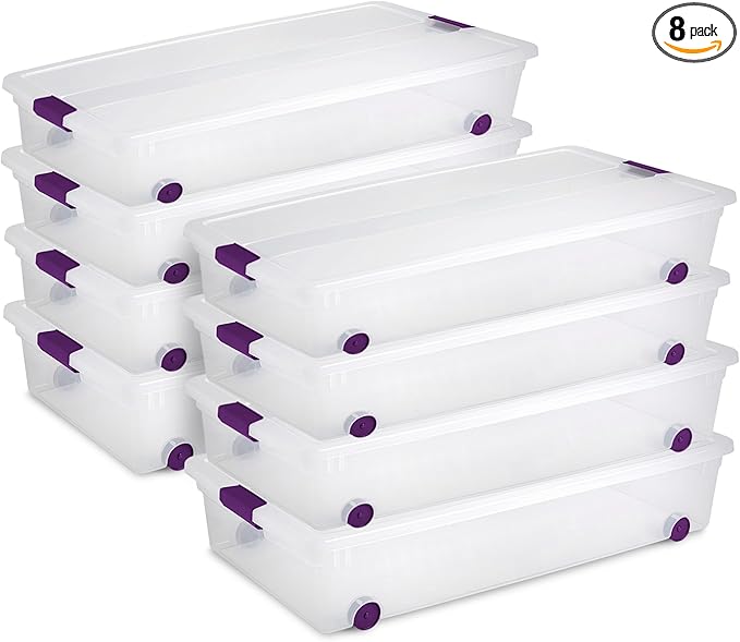 Sterilite 8-Pack 60 Quart ClearView Latch Box, Wheeled Underbed Organizer Bins by Sterilite