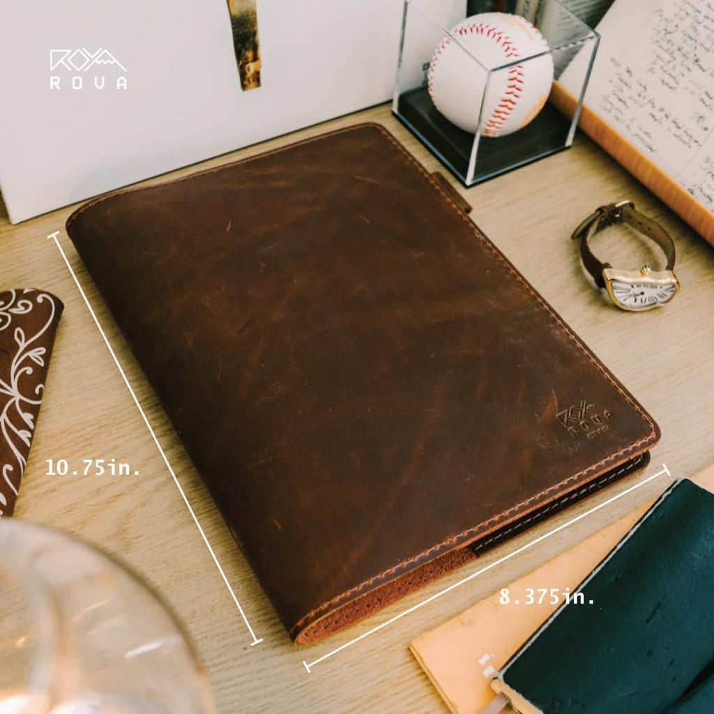 ROVA Full Grain Leather Notebook Journal Cover - Hand Crafted in the USA - Fits Moleskine XL (9.75" x 7.5") - Lay Flat Design with Pen Loop - Brown
