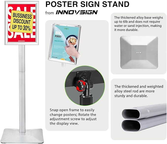 INNOVSIGN Heavy Duty Adjustable Pedestal Poster Sign Stand, 8.5x11 Aluminum - Image 2