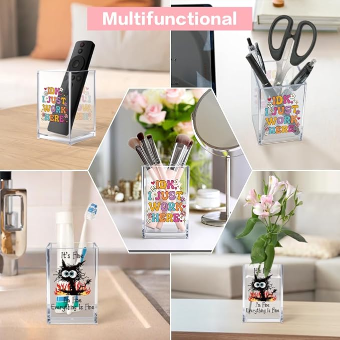 Vgrti Funny Black Cat Work 2 Pack Acrylic Cosmetic Pencil Pen Holder Cup - Image 6