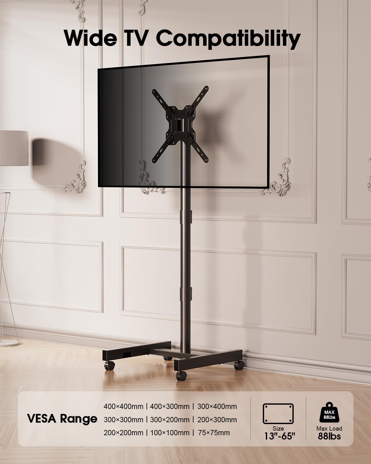Rolling TV Stand for 13-65 Inch TVs/Screens, Sturdy 50mm Support Pole