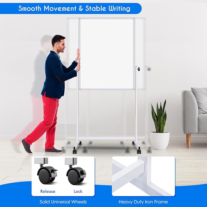 maxtek Rolling White Board, 44 x 28 Height Adjustable Whiteboard on Wheels - Image 4