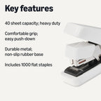 Amazon Basics Office Heavy Duty Stapler, Flat Clinch, Effortless, 40 Sheet Capacity, 1000 Staples, No Jam, for Classroom, Office or Desk Use, White