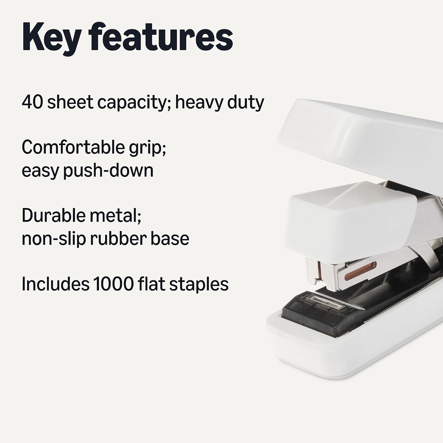 Amazon Basics Office Heavy Duty Stapler, Flat Clinch, Effortless, 40 Sheet Capacity, 1000 Staples, No Jam, for Classroom, Office or Desk Use, White