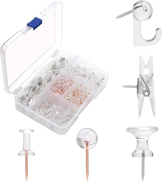 Clear Push Pins Set, 5 Styles 125-count Thumb Tacks Map Pins, Steel Point and by Yalis