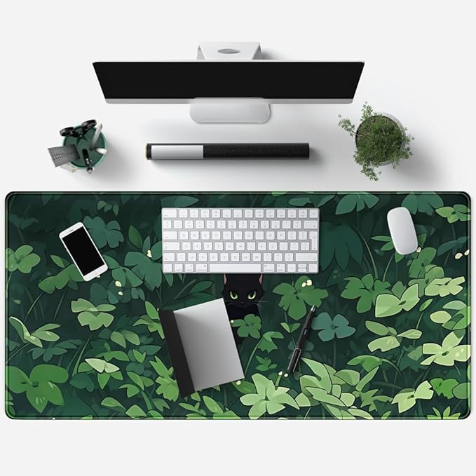 Black Cat Anime Desk Gaming Mat, XL Green & Large, 31.5x15.8in, - Image 3