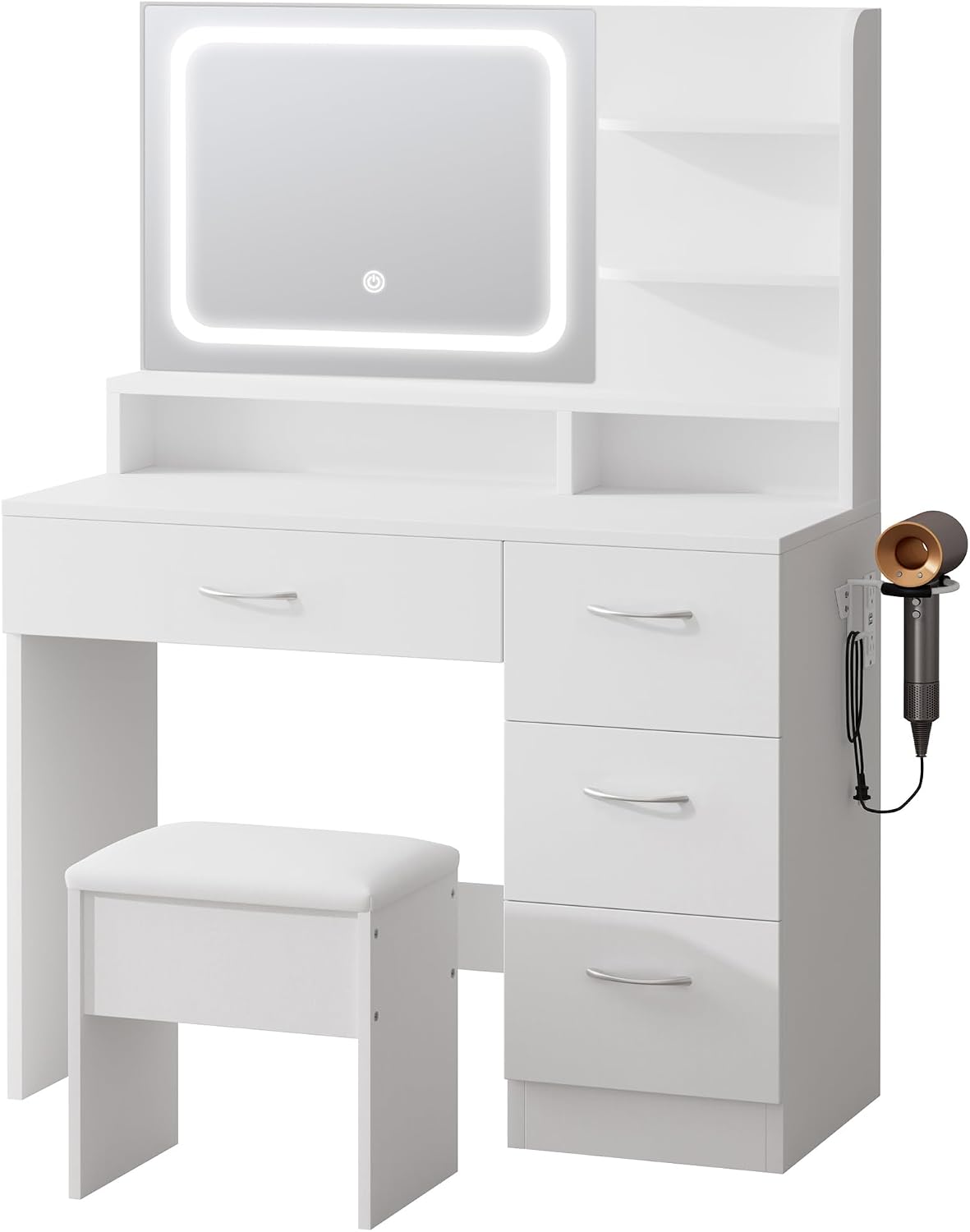 LIVELYGLOW White Makeup Vanity Desk with Charging Station & 4 Drawers