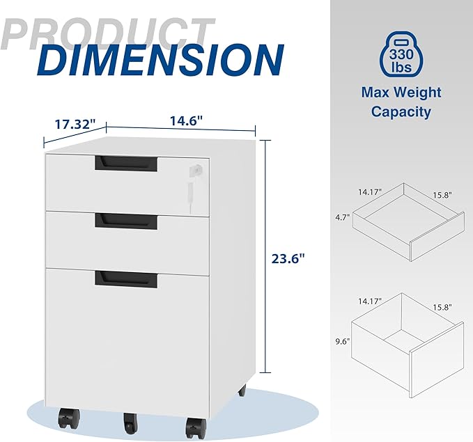 Fesbos 3 Drawer Vertical File Cabinets, Mobile Filling Cabinet - Image 3