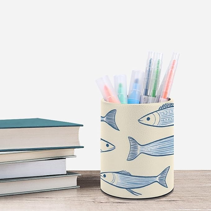 Sardine Fish Pencil Holder Leather Desk Organizer Stand Round Pen Cup Container - Image 6