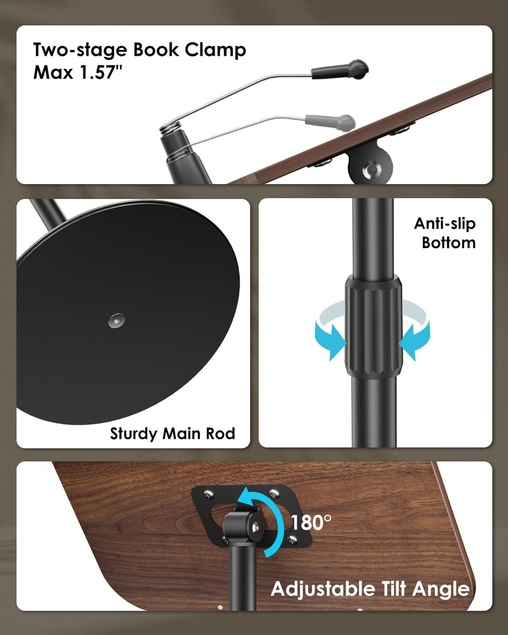 Viozon Floor Book Stand, Height Adjustable Reading Stand, Multi-Purpose Book Holder/Laptop Stand/Music Sheet Stand, 180° Tilt Desktop, Heavy-Duty Base, Two-Stage Page Clips for Thick Books