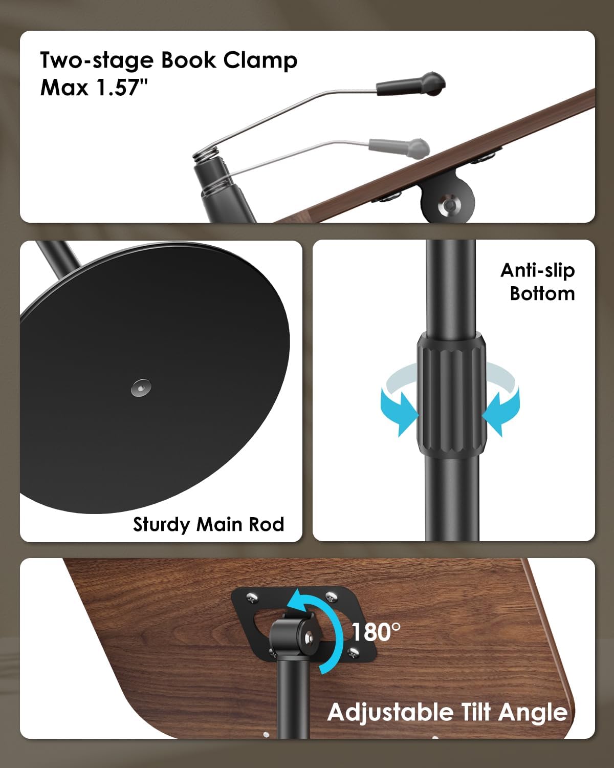 Viozon Floor Book Stand, Height Adjustable Reading Stand, Multi-Purpose Book Holder/Laptop Stand/Music Sheet Stand, 180° Tilt Desktop, Heavy-Duty Base, Two-Stage Page Clips for Thick Books