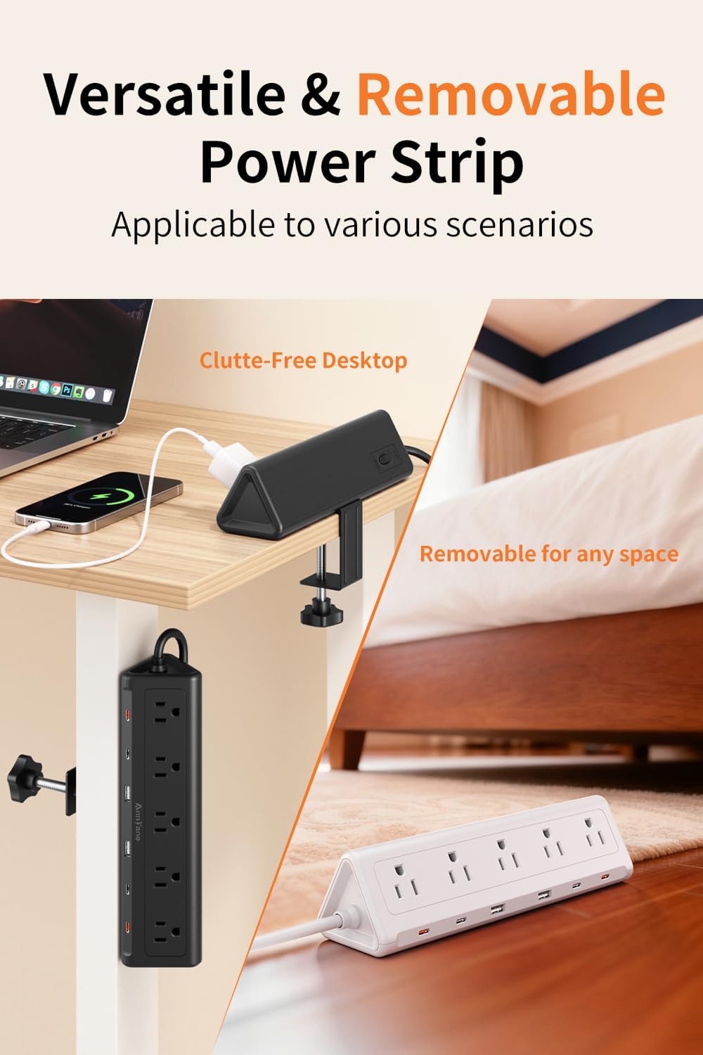 AnnTane Desk Clamp Power Strip USBC, 40W Fast Charging, 6.5 Ft, Black