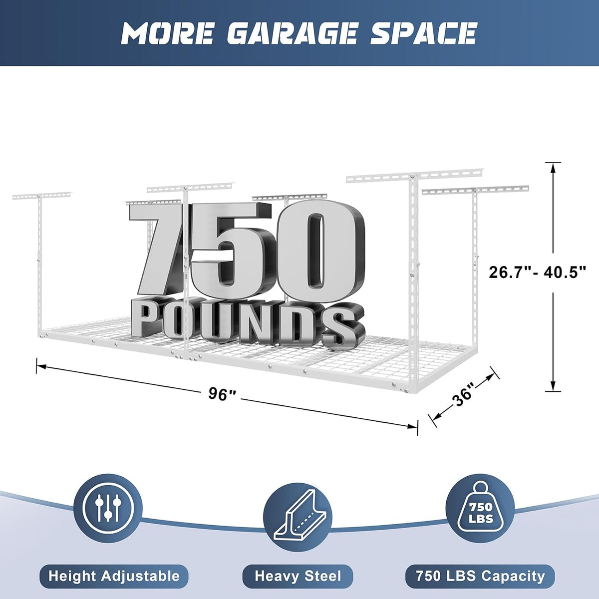 jusgym 3x8ft overhead garage storage rack, 26"-40" height shown in use