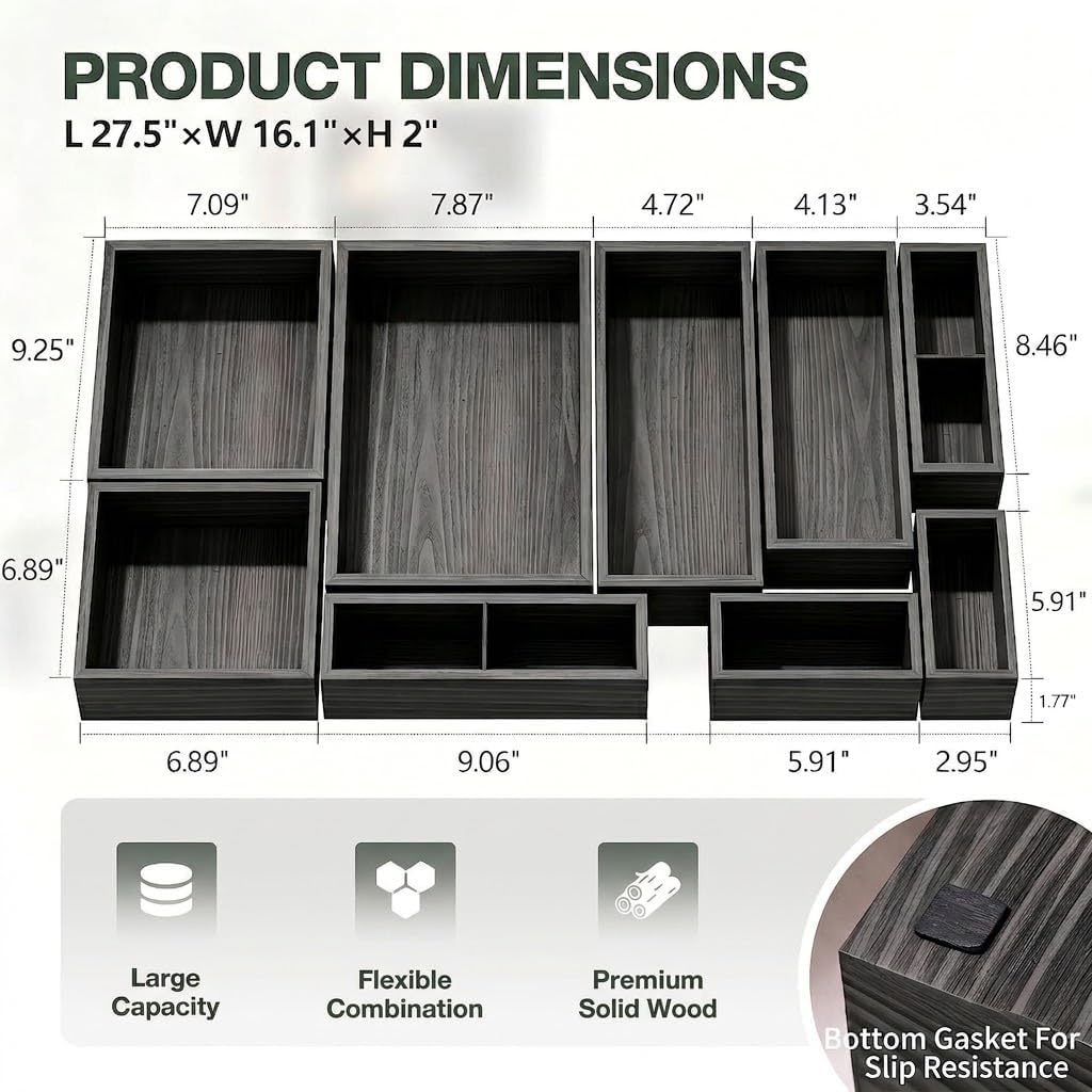9-Pack Solid Wood Junk Drawer Organizer, Modular Desk Drawer Tray & Acces...