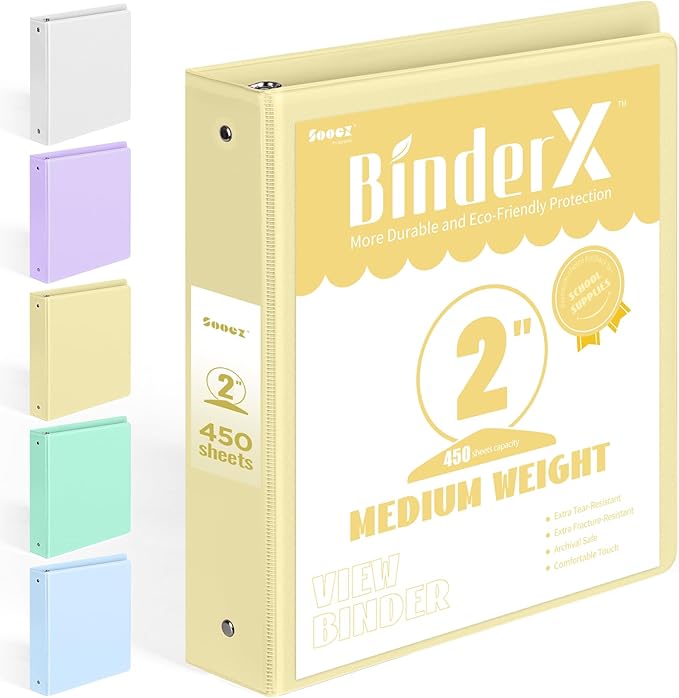 BinderX Extra Durable 3 Ring Binder, Round Ring 2 Inch Binders, Fits 450 Sheets by Sooez