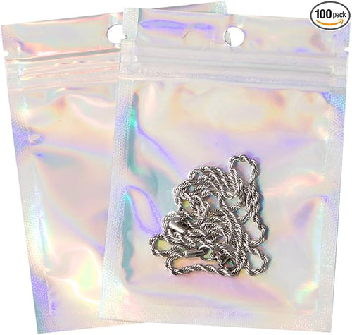 100Pcs Holographic Packaging Bags, 3.5x4.7 inch Resealable Foil Pouch Mylar by Motomy