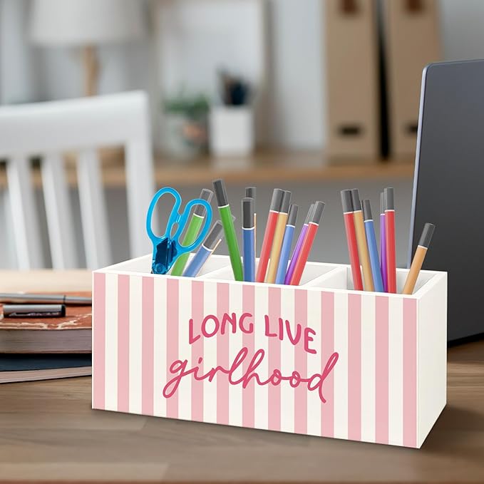 URLLUAE Pink Preppy Long Live Girlhood Wooden Pen Pencil Holder - Image 3