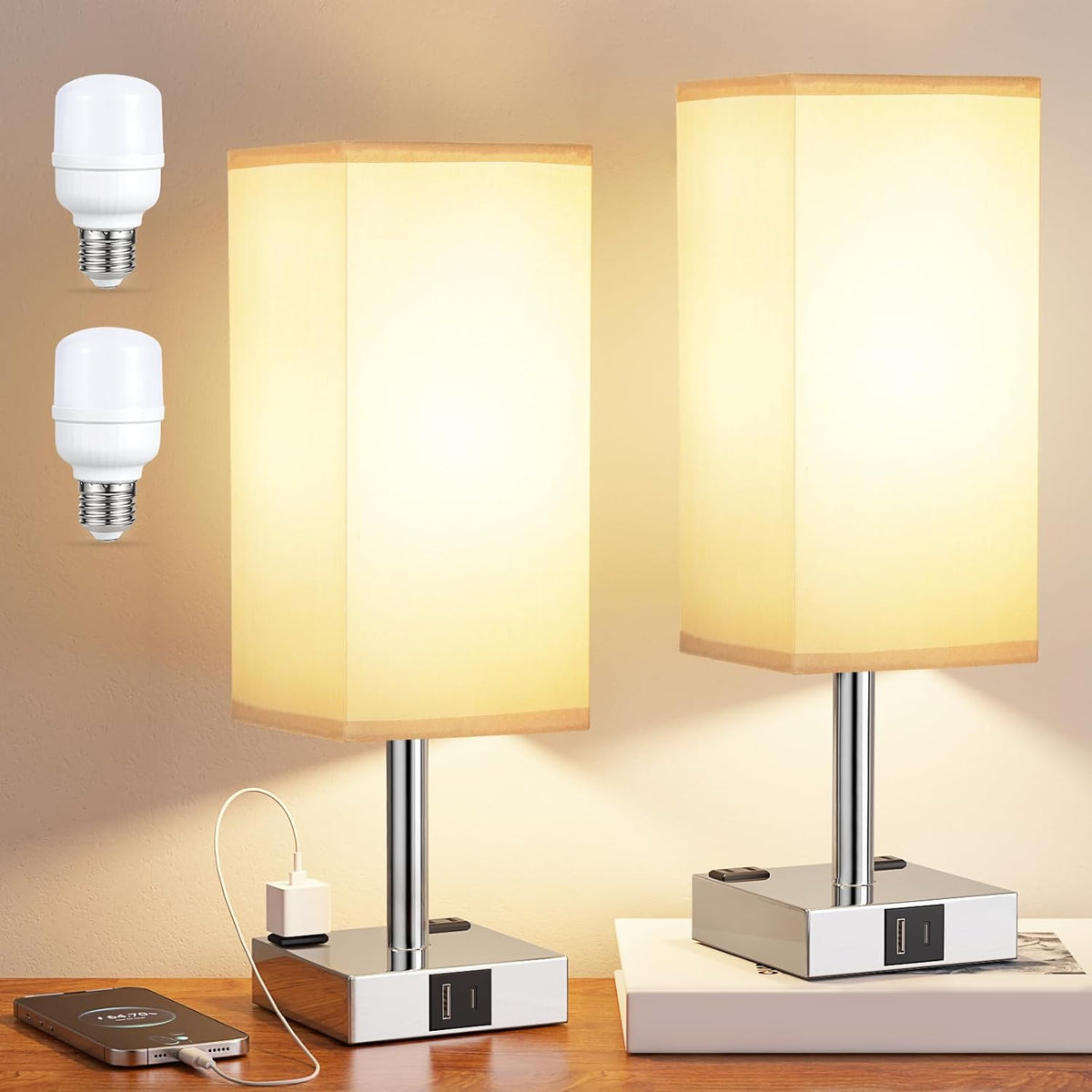 Set of 2 Grey Touch Table Lamp for Bedroom, Dimmable, USB C+A, 2 AC Outlets