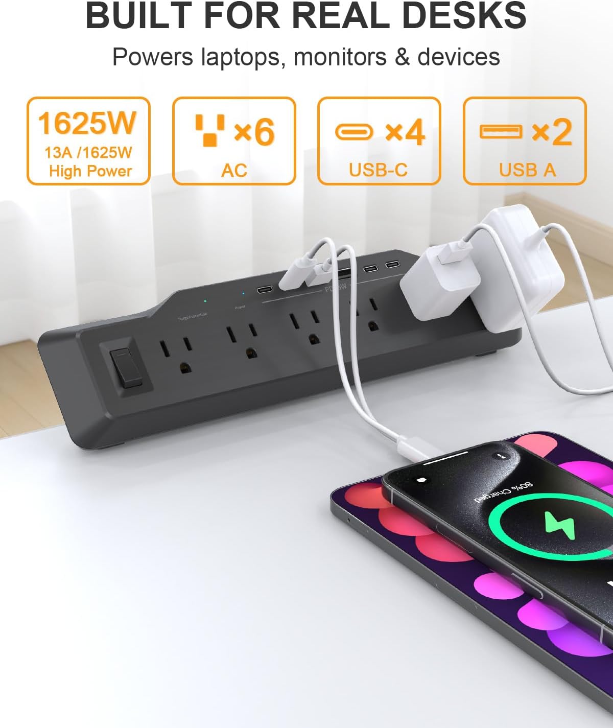 Desk Clamp Power Strip Surge Protector, 6 Outlets, Flat Plug, 1800J, 4 USB-C ...
