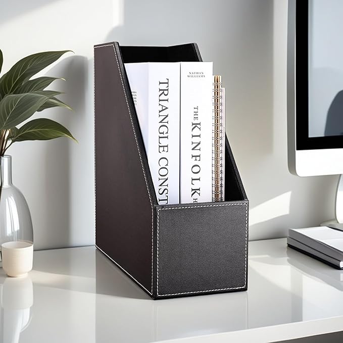 KINGFOM Wooden Leatherette Desktop File Folder Organizer and Document File - Image 2
