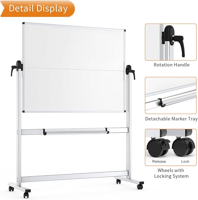 VIZ-PRO Double-Sided Mobile Whiteboard, 48 x 48 Inches, Magnetic Rolling Dry - Image 4