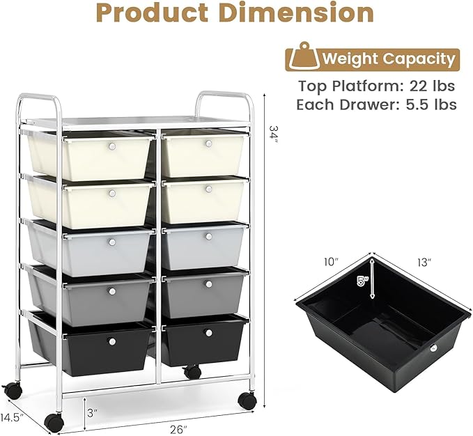 LDAILY 10 Drawer Rolling Cart, Storage Cart Organizer on Wheels, Drawer Cart - Image 3