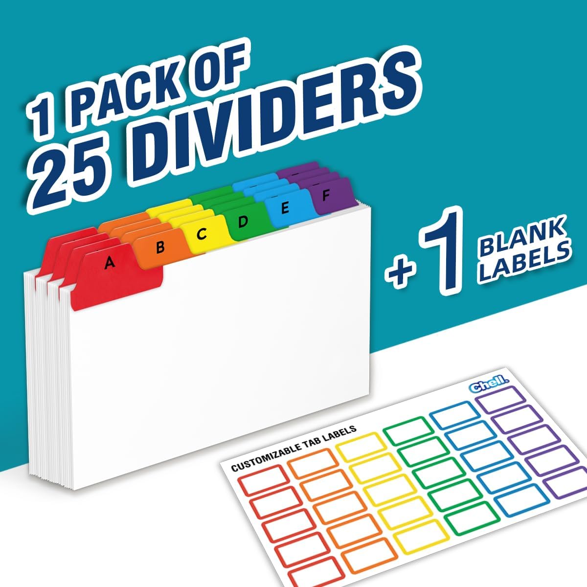 Chell 3"x5" Index Card Dividers, A-Z Tabbed, with Blank Stickers, 1 Set | Bright Colors, Heavyweight, Made of 110 lb. Cover Weight Paper, Alphabetical, Blank Stickers