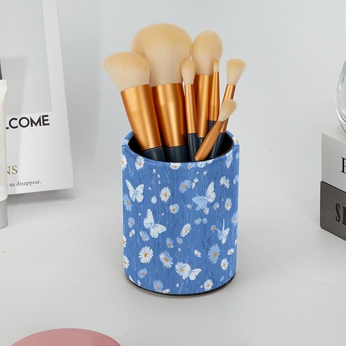 Leather Pen Holder for Desk Blue Butterfly Daisy Pencil Cup Desktop Organizer - Image 6