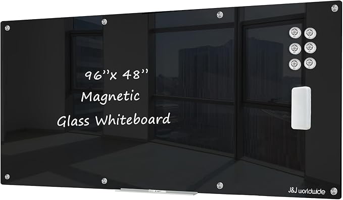 J&J worldwide Glass Whiteboard 8' x 4', Magnetic Black Glass Dry Erase Board by JJworldwide