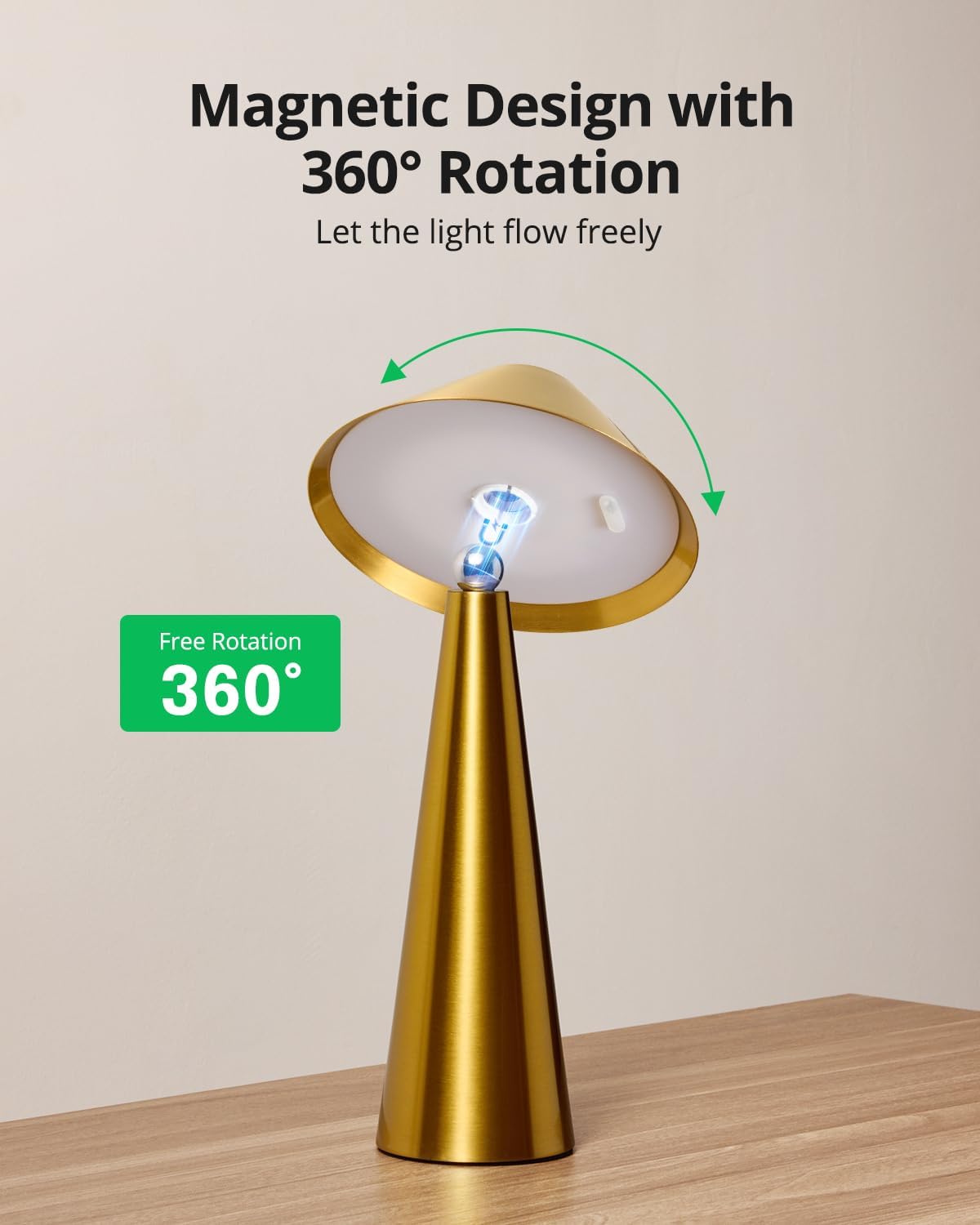 Bojim Rechargeable Cordless Table Lamp, Gold LED Battery Operated Wireless Ta...