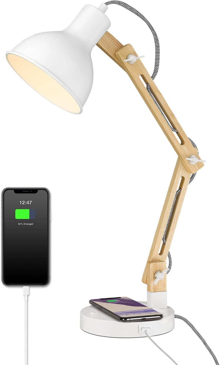 ELYONA Japandi White Desk Lamp with Wireless Charger, Solid Wood Table Lamp w...