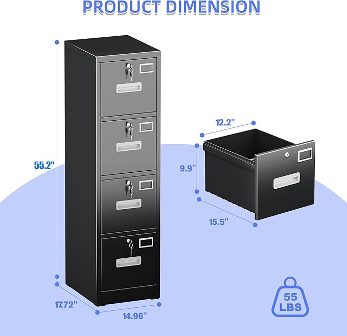 SUXXAN 4 Drawer File Cabinet, Metal Vertical Black Filing Cabinets - Image 3